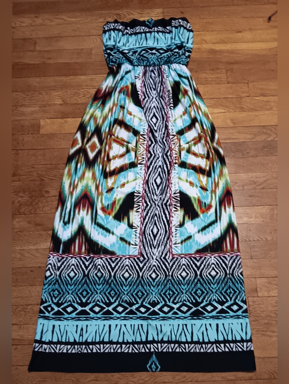 Strapless bailey blue Turquoise Multi-Pattern Maxi Dress